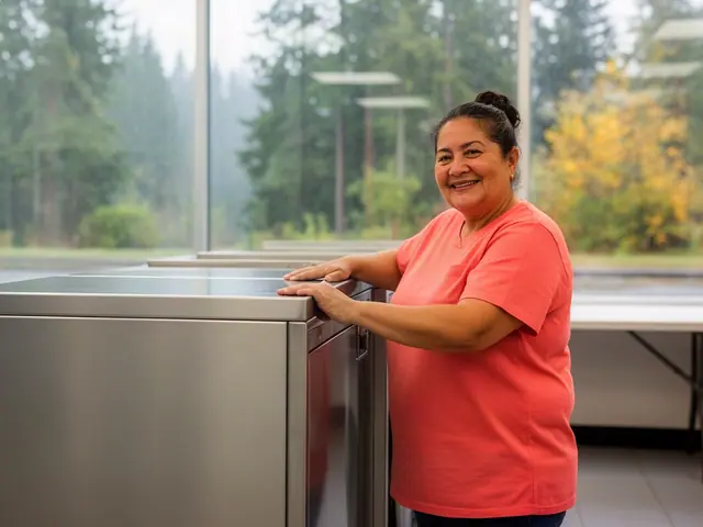 Smiling laundromat owner in a coral shirt resting her hands on a new stainless-steel commercial washer