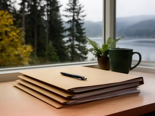Stack of closed kraft folders with a pen on a maple desk by a window overlooking firs and a misty inlet