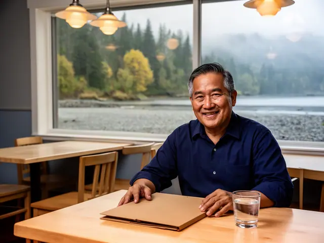 Smiling restaurant owner in a navy shirt seated at a wooden table with a closed folder and a glass of water, misty inlet beyond the window